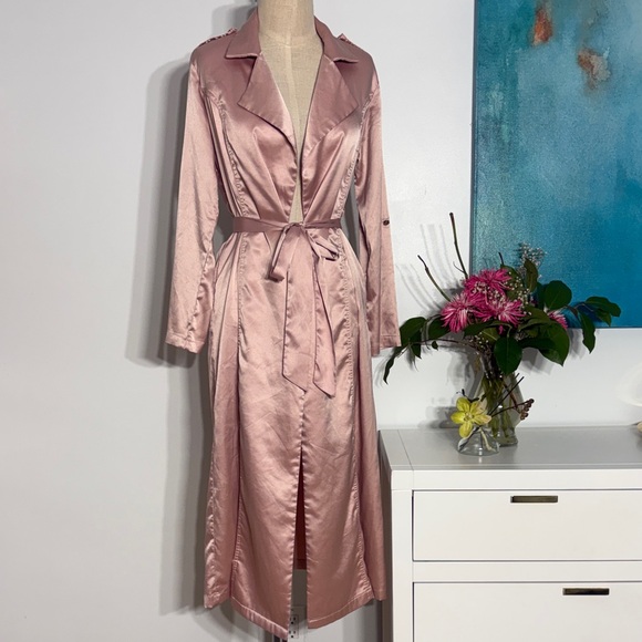 Blueblush Jackets & Blazers - Rose Satin Longline Trench Coat with Tie Belt